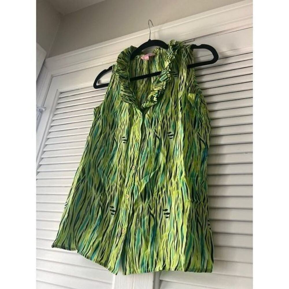 LILLY PULITZER Size 4 Multicolor Graphic Print Sleeveless Silk Ruffle V-Neck Top